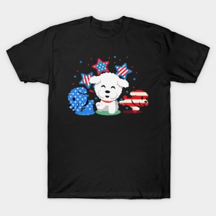 Cute Red White Blue Bichon Frise Fireworks Us Flag T-Shirt